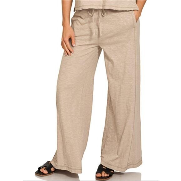 Zenana Cotton Slub Short Sleeve Tee and Pants Set - Picture 2 of 2